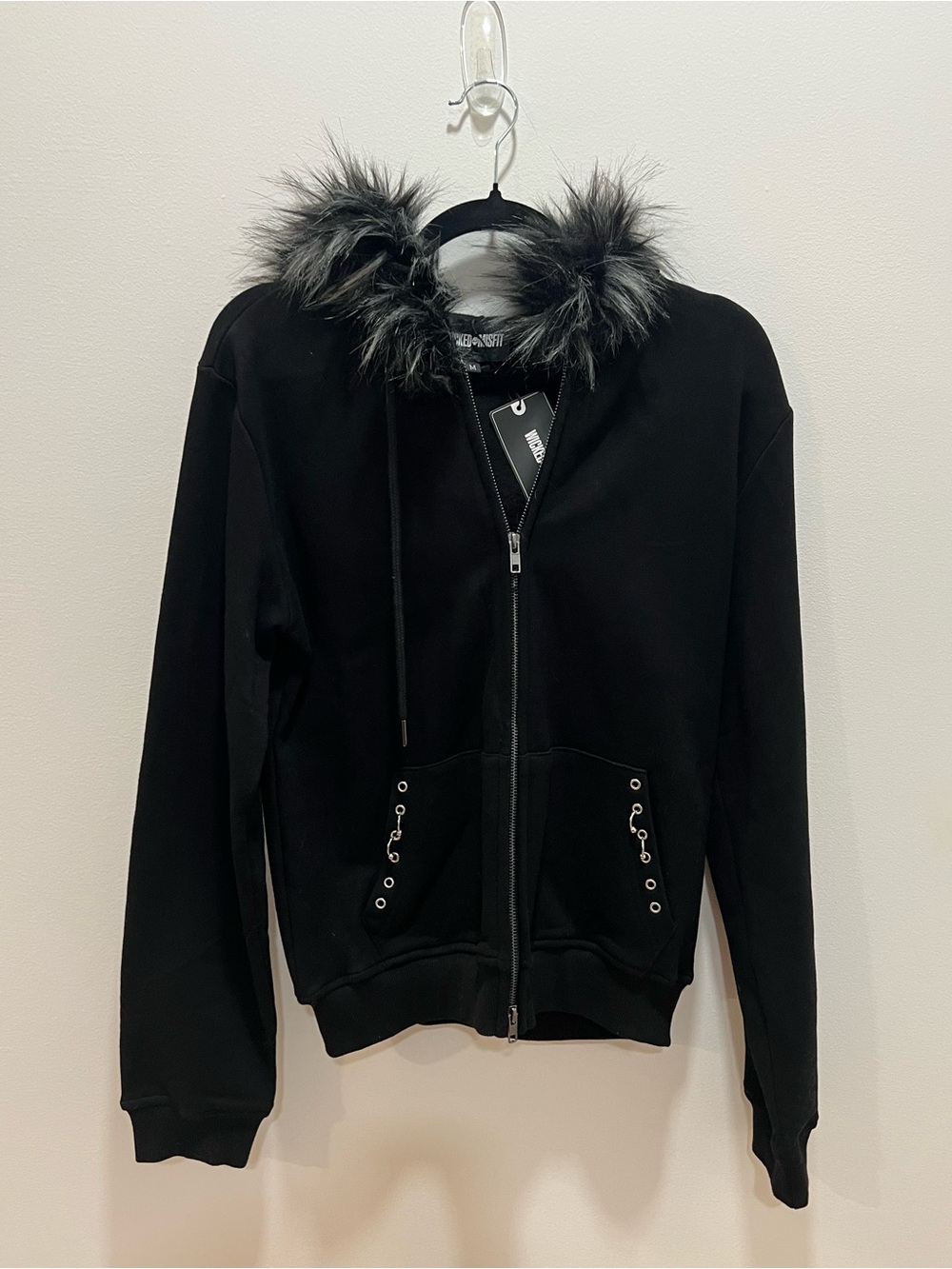 Double Zip Grommet Fur Hoodie 100% Cotton by Wicked Misfit